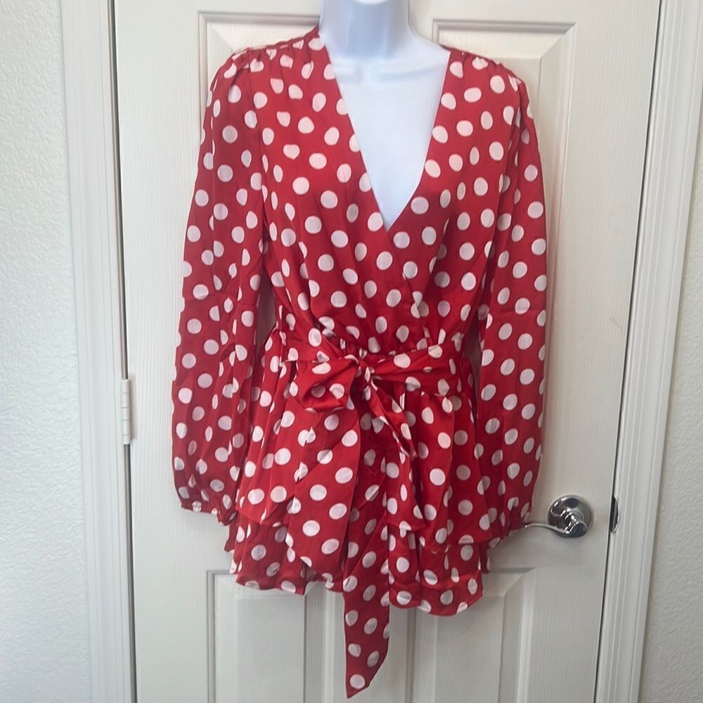 The Sang Romper Jumpsuit Shorts Red White Polka Dots Ruffles Tie Front Or Back